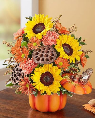 <p>EXCLUSIVE With its rich tones and whimsical woodland squirrel, our original pumpkin arrangement captures the wonder of the season. Golden and orange blooms blend with rustic, natural accents. And whether it’s used for holding trinkets or as part of the décor, our artisan-style canister will add warmth and charm to their home year after year.</p>