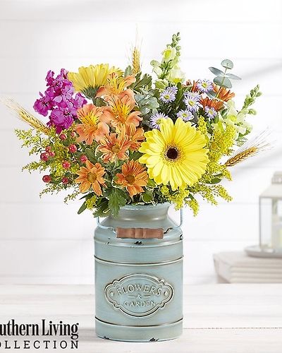 <p>A true autumn delight, exclusively designed through our partnership with Southern Living. Long-lasting Gerbera daisies, lilies, poms and snapdragons are loosely gathered in our vintage-inspired milk jug with lush greens and bright berry accents. Between its cheerful colors and garden-fresh charm, this gift radiates country farmhouse style.</p>