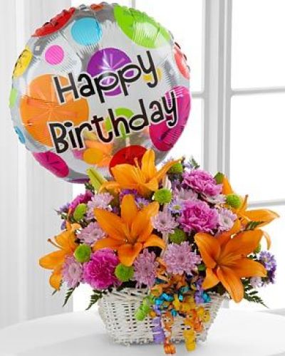 The Happy Blooms Basket by FTD brings together Asiatic lilies and carnations to create the perfect way to send your Happy Birthday wishes! Orange Asiatic lilies, lavender chrysanthemums, lavender carnations, purple monte casino asters, green button poms and lush greens are beautifully arranged within a rectangular whitewash willow handled basket accented with colorful curling ribbon. Arriving with a bright mylar balloon exclaiming, Happy Birthday!
C Quantity Color Description
1 Orange Asiatic Lily
2 Hot Pink Standard Carnation
2 Green Button Pom
2 Lavender Daisy Pom
2 Purple Aster - Monte Casino
2 Green Green - Leather Leaf
0 Green Florist Foam Brick
3 Curling Ribbon (yds.)
1 Mylar Balloon
DELUXE
C Quantity Color Description
2 Orange Asiatic Lily
3 Hot Pink Standard Carnation
2 Green Button Pom
3 Lavender Daisy Pom
3 Purple Aster - Monte Casino
2 Green Green - Leather Leaf
0 Green Florist Foam Brick
1 Curling Ribbon (yds.)
1 Mylar Balloon
PERMIUM
C Quantity Color Description
3 Orange Asiatic Lily
4 Hot Pink Standard Carnation
3 Green Button Pom
4 Lavender Daisy Pom
4 Purple Aster - Monte Casino
2 Green Green - Leather Leaf
0 Green Florist Foam Brick
3 Curling Ribbon (yds.)
1 Mylar Balloon
