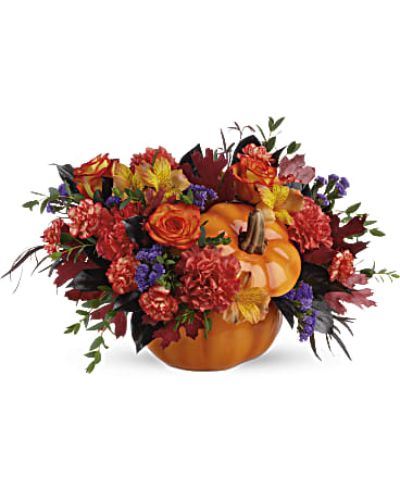 <div id="mark-3" class="m-pdp-tabs-marketing-description">Add a beautiful touch to your fall festivities with this magnificent mix of autumnal alstroemeria and carnations, gathered in a glazed ceramic pumpkin that's sure to be an annual décor favorite!</div>
<p> </p>
<div id="desc-3">
<p>This bouquet features orange alstroemeria, dark orange carnations, miniature orange carnation, purple sinuata statice, parvifolia eucalyptus, red agonis, and lemon leaf. Delivered in a keepsake pumpkin.</p>
<hr />
</div>